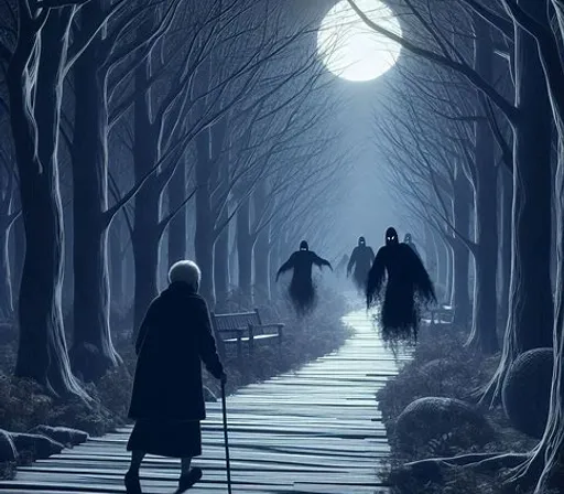 a group of people walking through a forest under a full moon