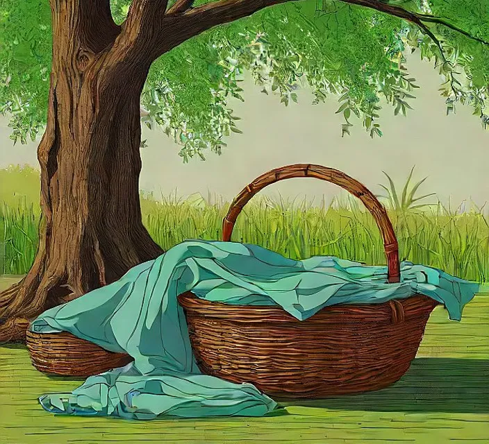 a painting of a basket and a blanket under a tree