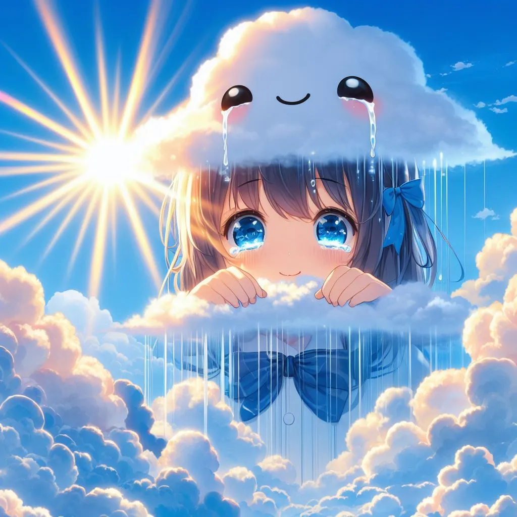 a girl is sitting on a cloud in the sky