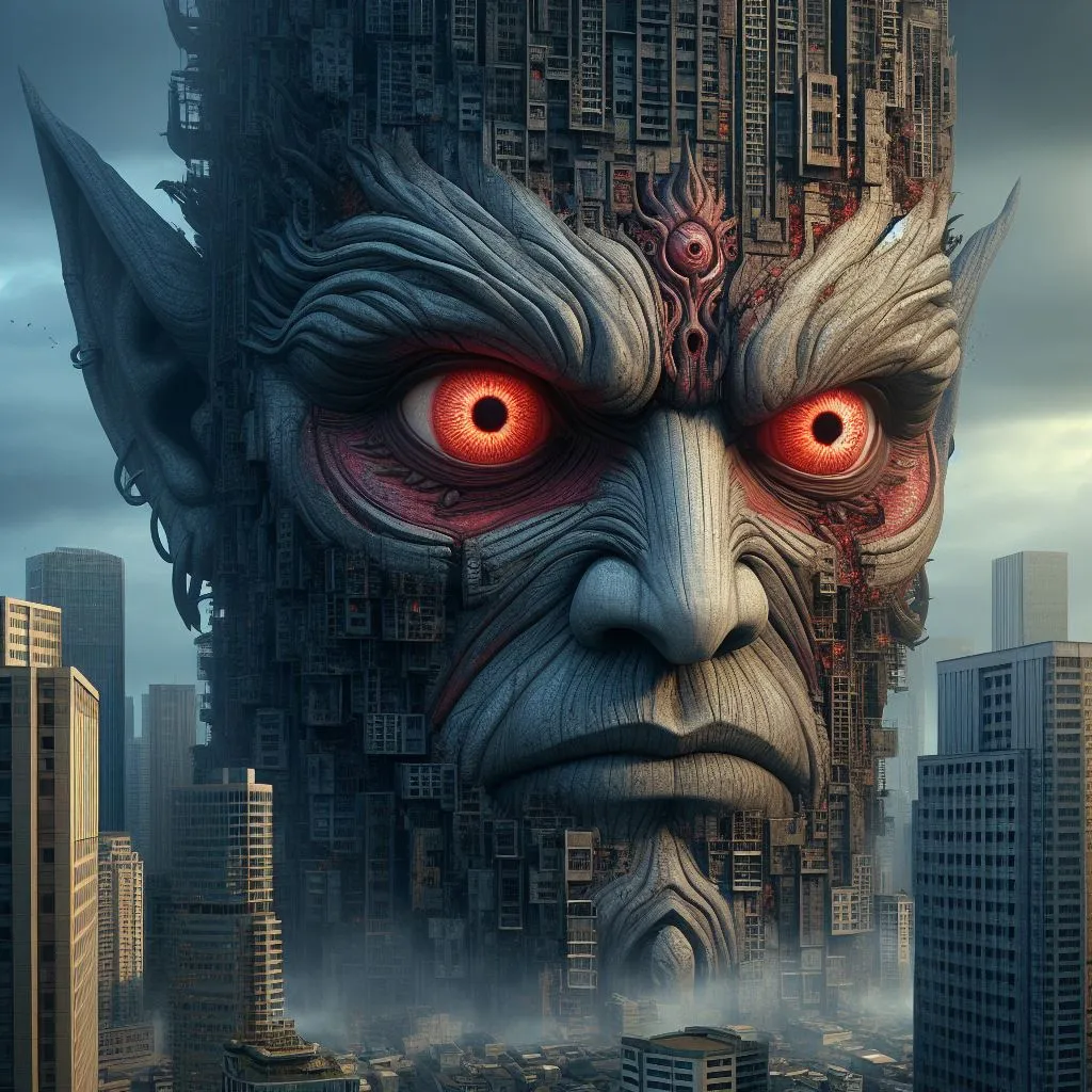 a man's face with red eyes in front of a cityscape