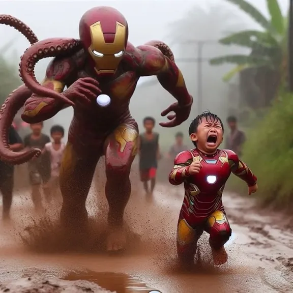 a little ironman running away from huge monster octopus