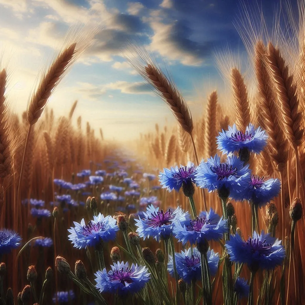 a painting of blue flowers in a wheat field  only movement from the wind