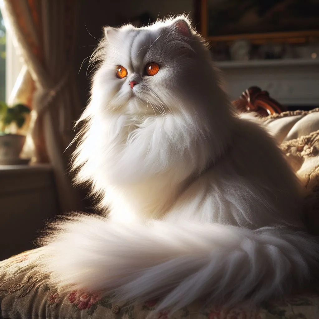 a fluffy white cat sitting on top of a couch