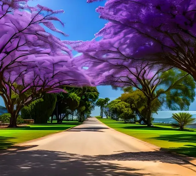 time laps of a painting of purple trees lining a road in different seasons