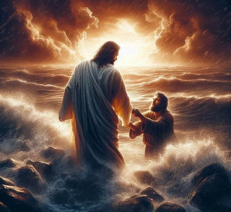 a painting of jesus and a man in the water