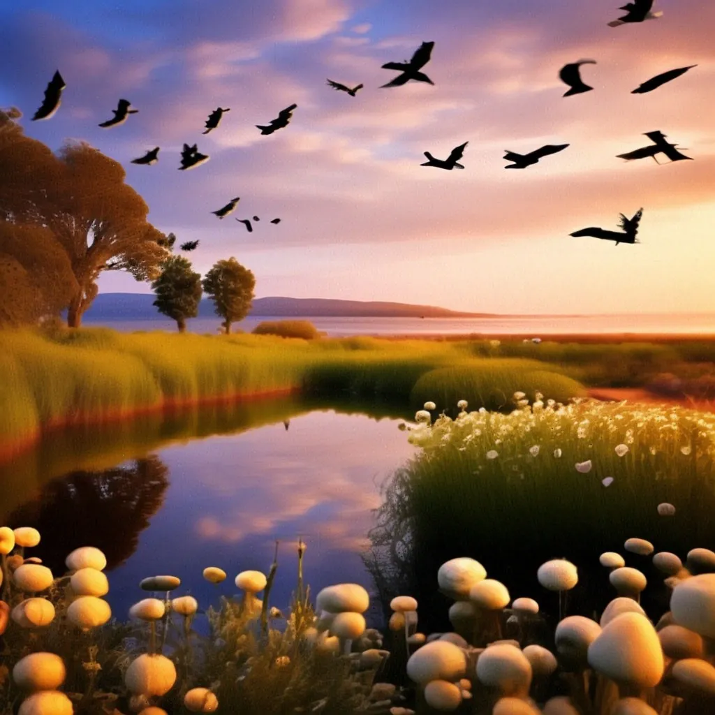 a painting of birds flying over a lake