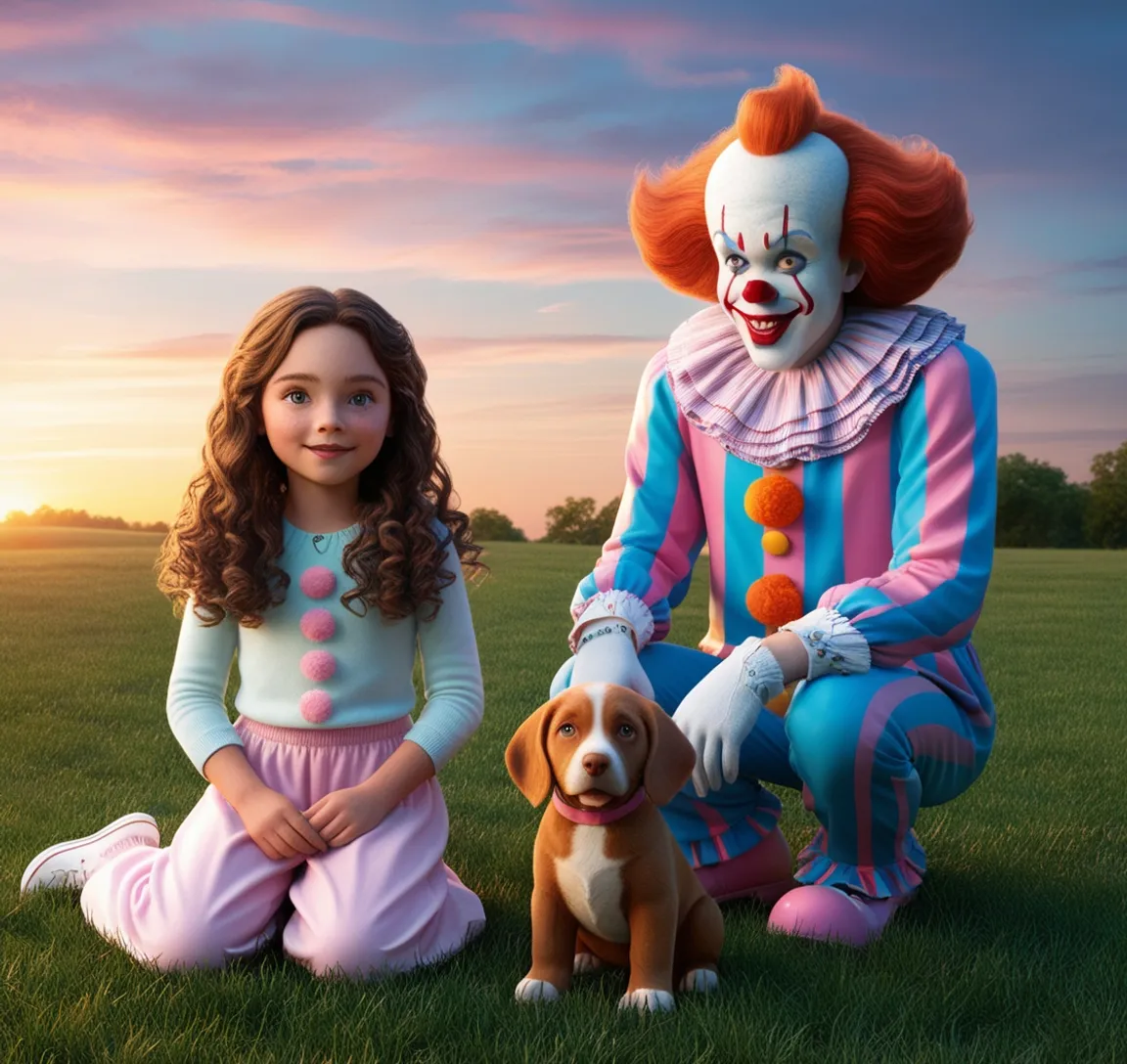 a little girl sitting next to a clown