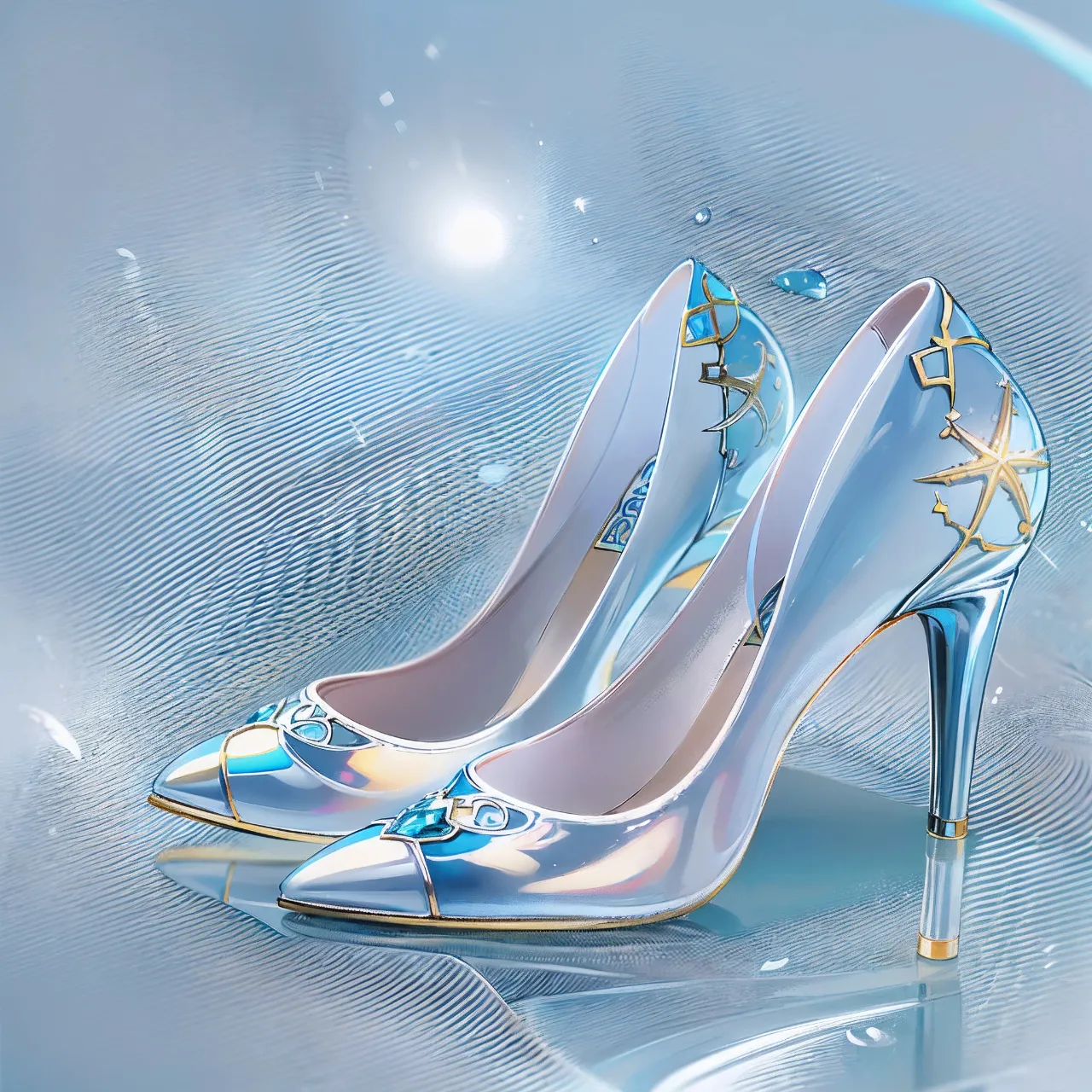 a pair of blue high heeled shoes on a shiny surface