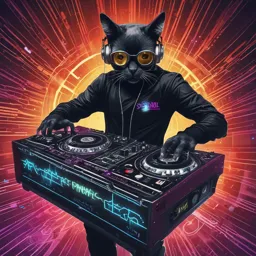 a black cat wearing headphones and dj equipment