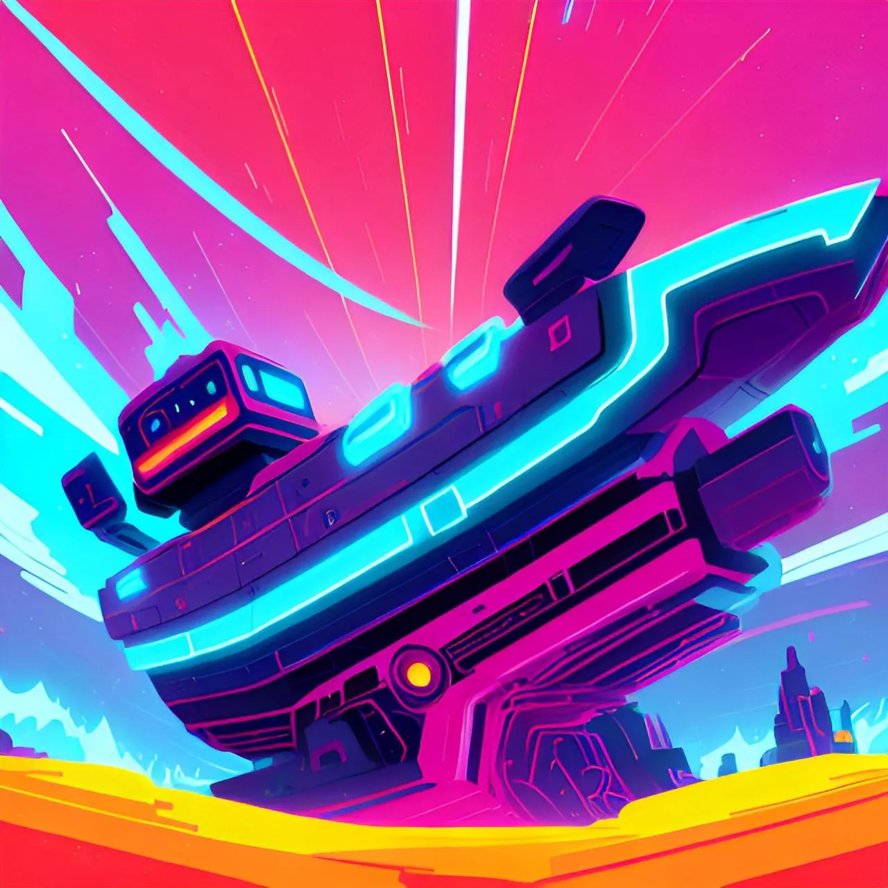 a stylized illustration of a futuristic ship floating in the air