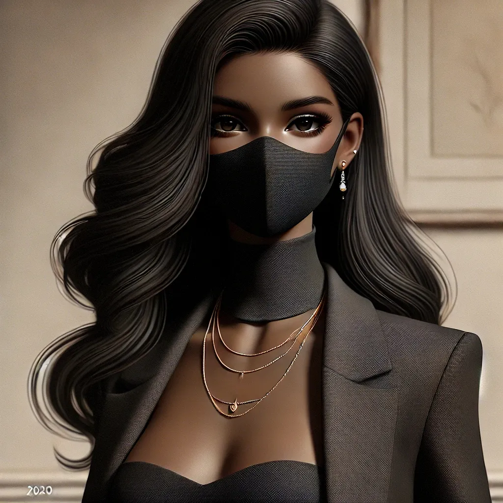 a woman wearing a black mask and a suit