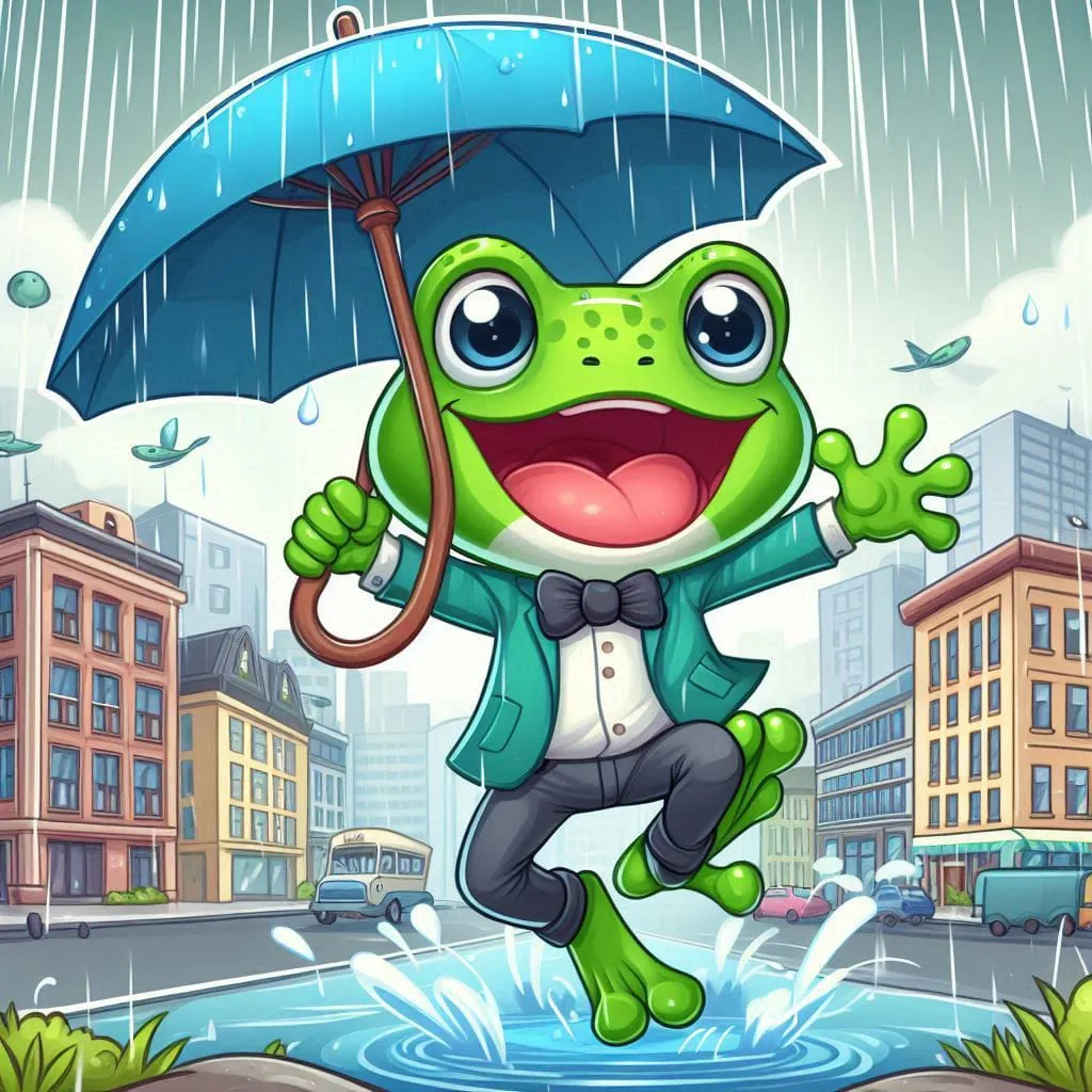 a frog jumping in the rain with an umbrella