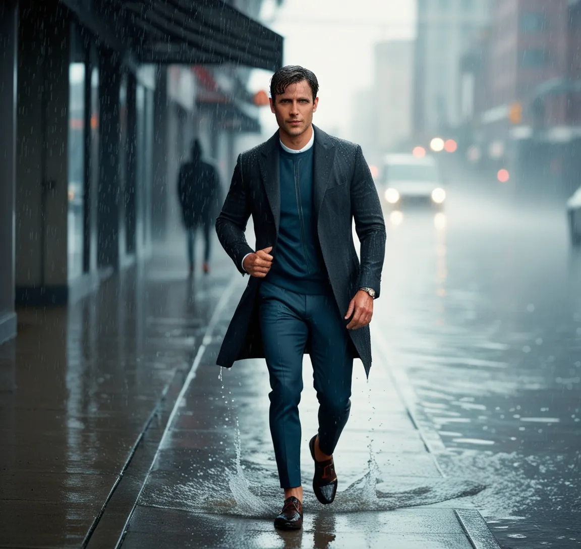 a man walking down a street in the rain