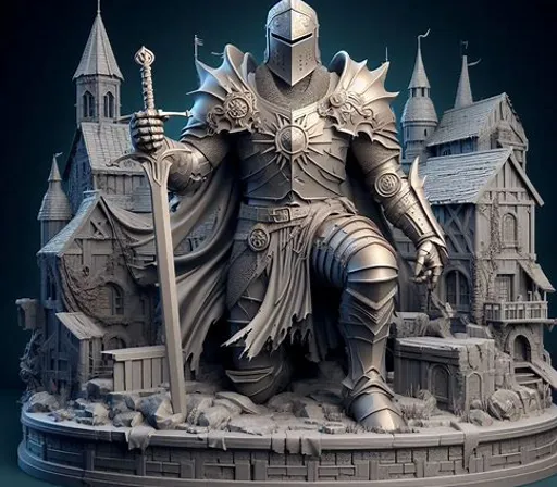 a statue of a knight standing in front of a castle