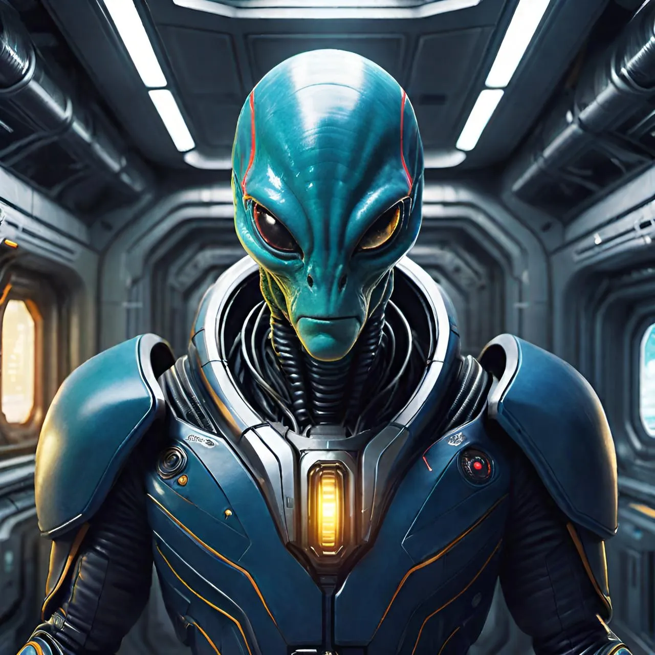 an alien man in a futuristic space station