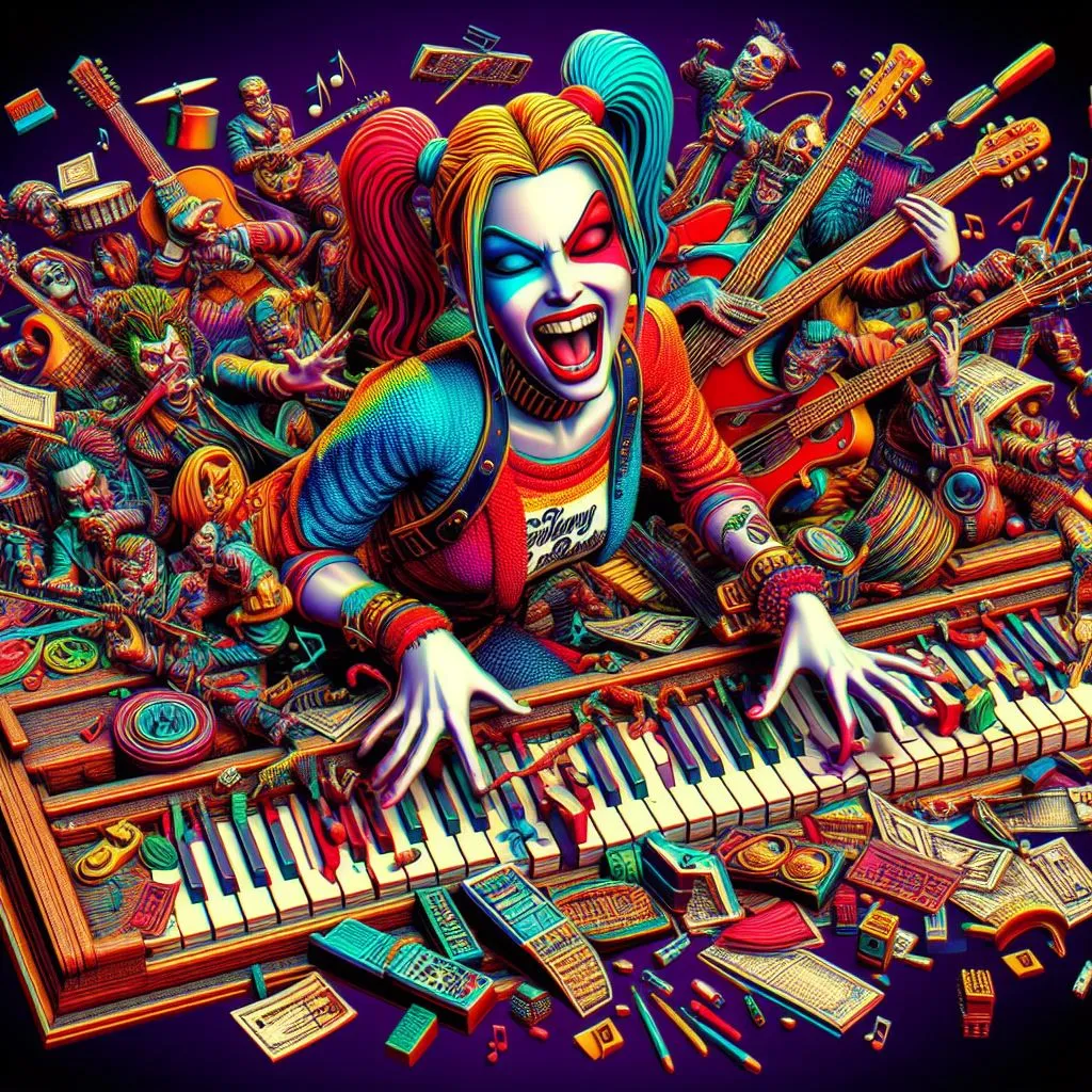 a clown playing a keyboard surrounded by musical instruments