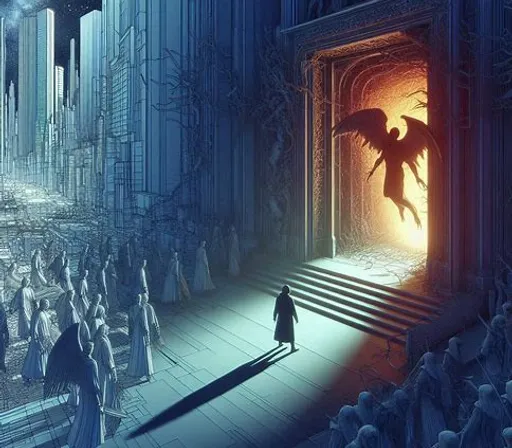 a man standing in front of a doorway with a dragon on it