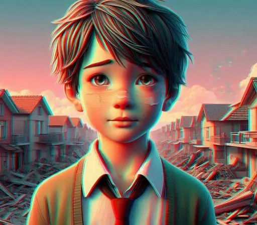 a boy with a tie standing in front of a city