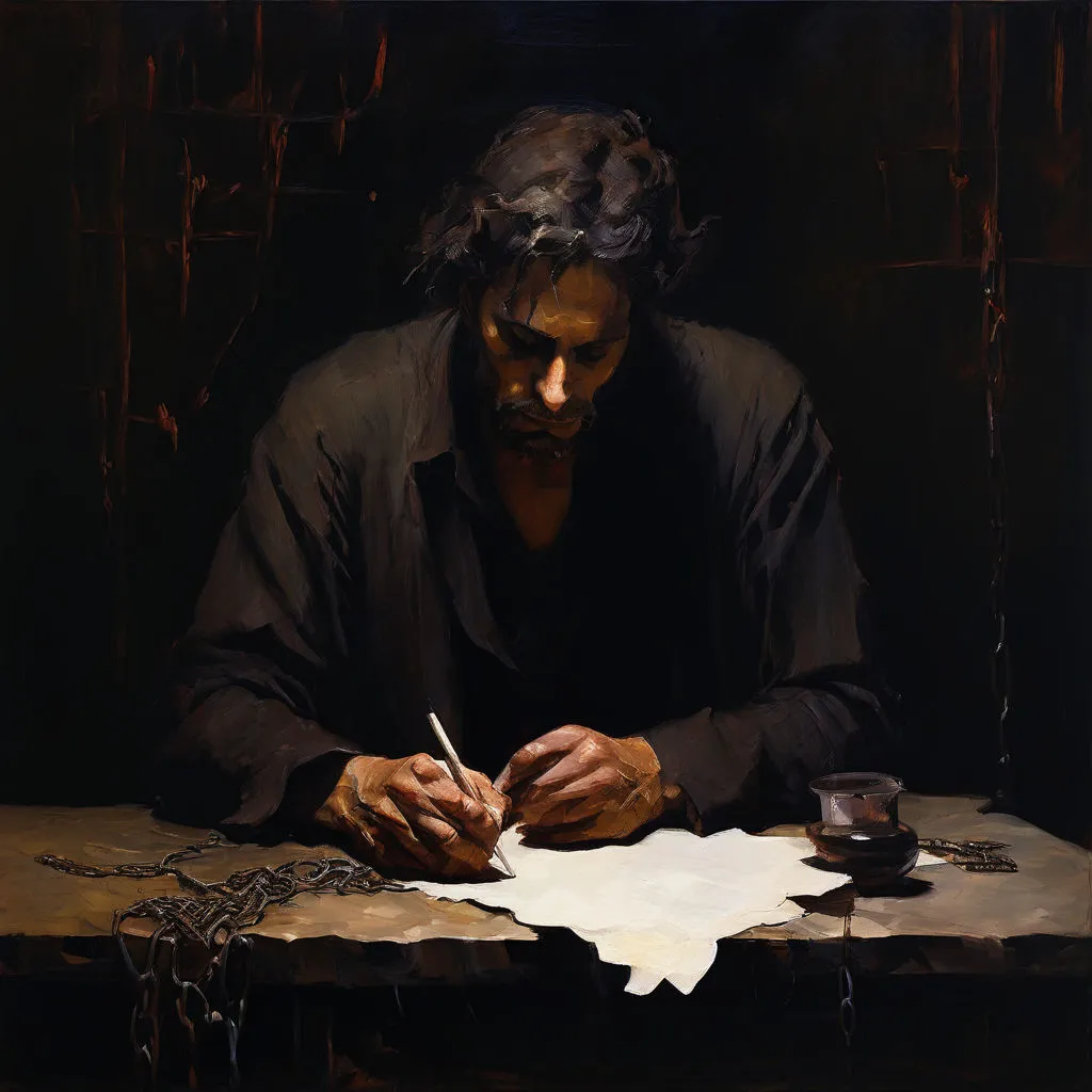 a painting of a man writing on a piece of paper