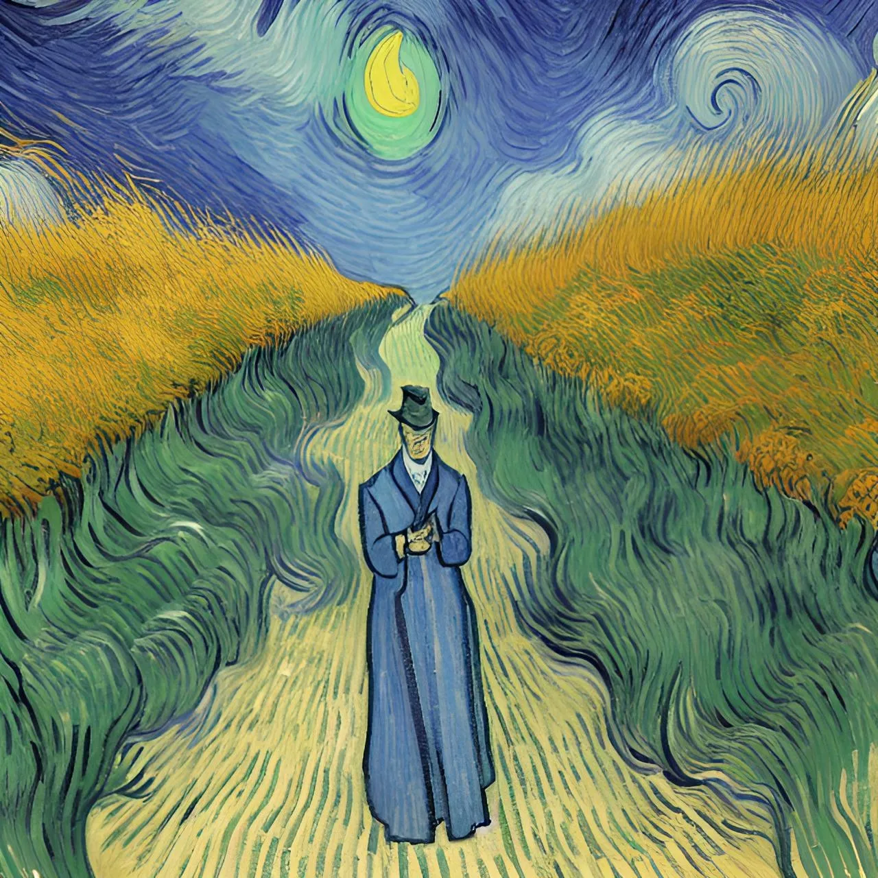 a painting of a man standing in a wheat field