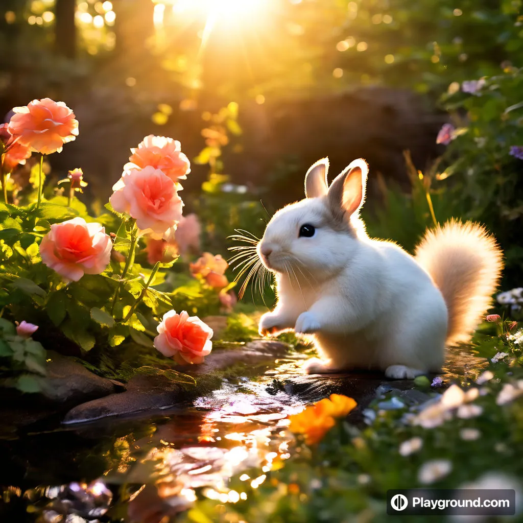 a white rabbit sitting on top of a lush green field