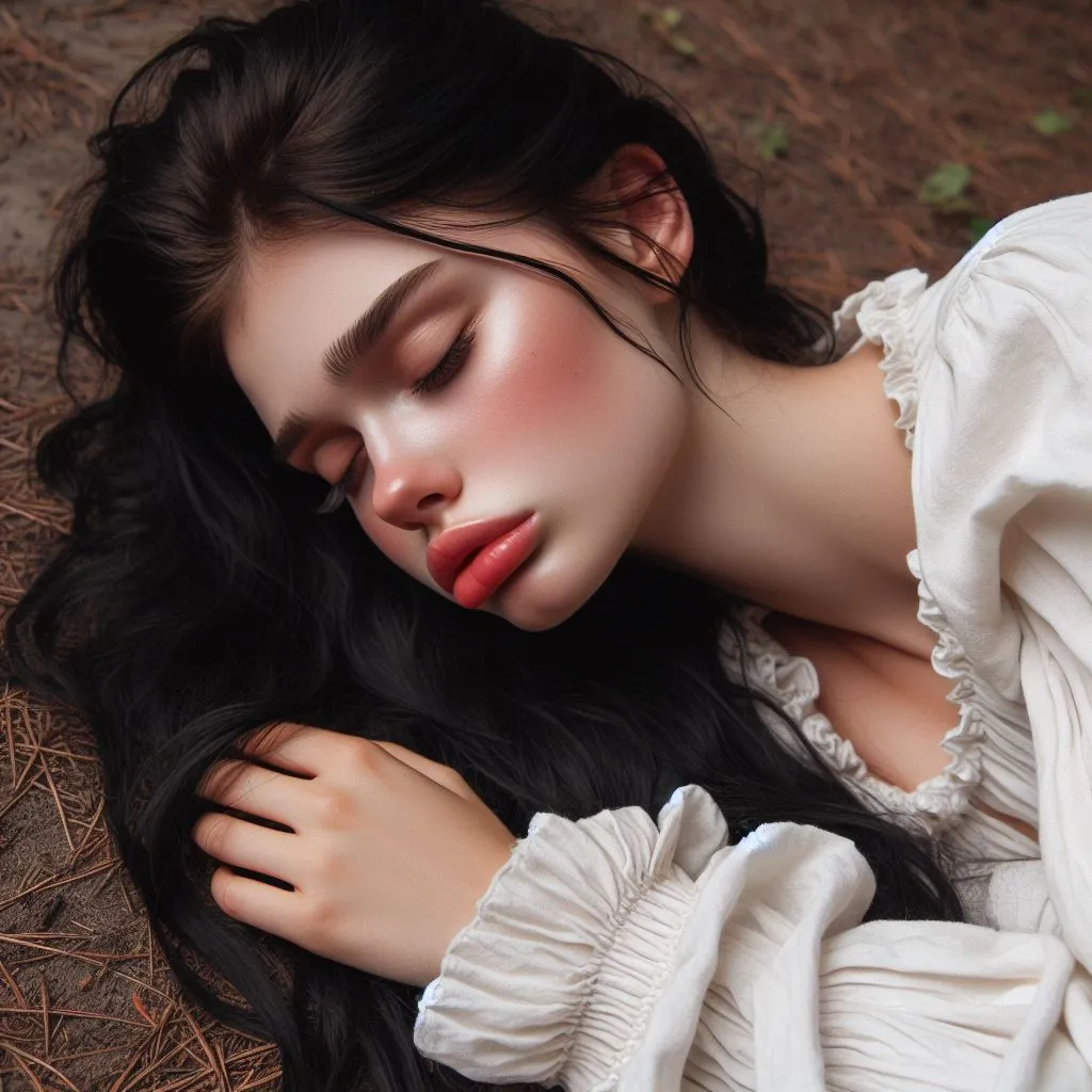 a beautiful woman laying on the ground with her eyes closed, she is crying, the camera pans around her and away from her