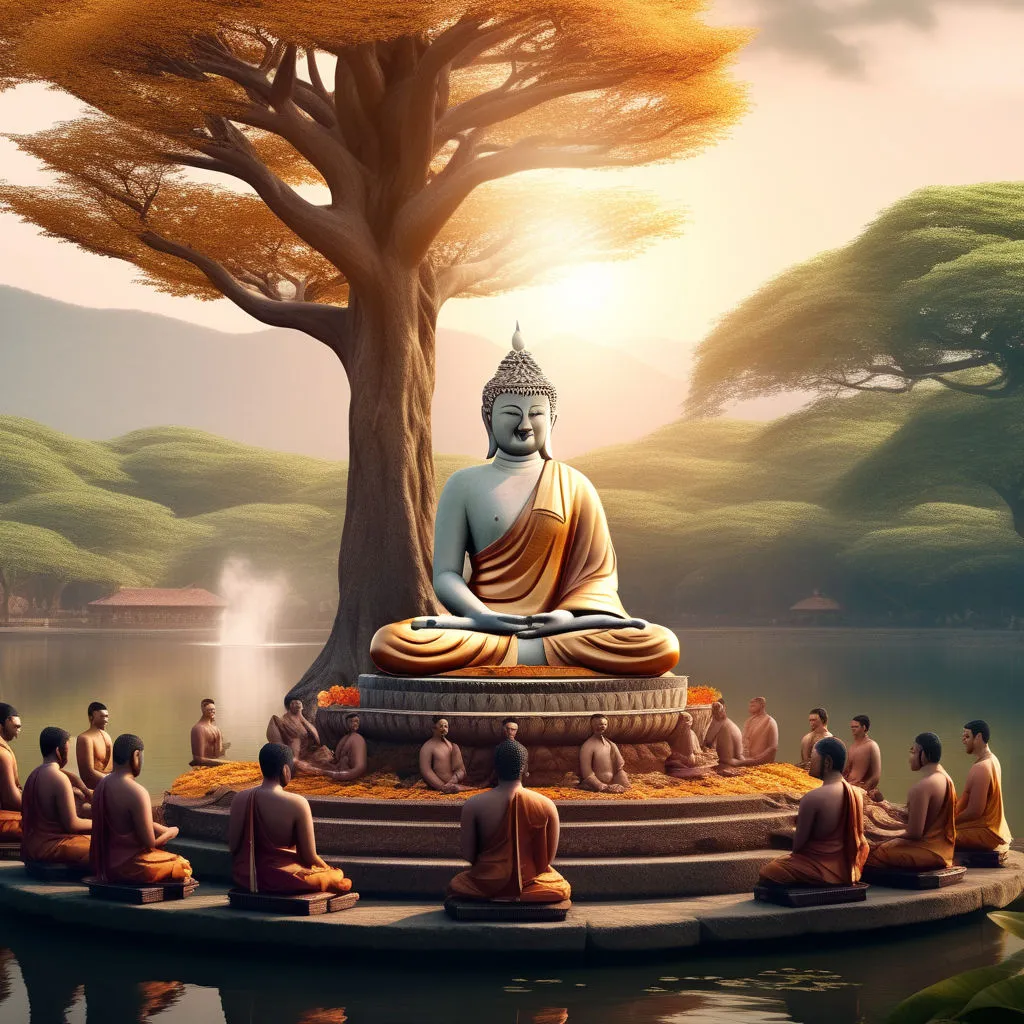 a statue of buddhas and people sitting around  in front of a lake make real