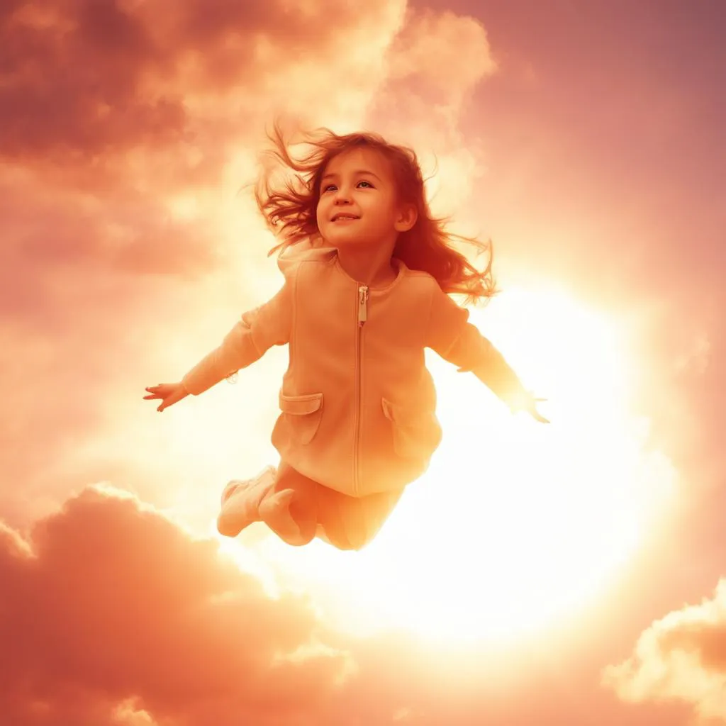 a little girl is flying through the air