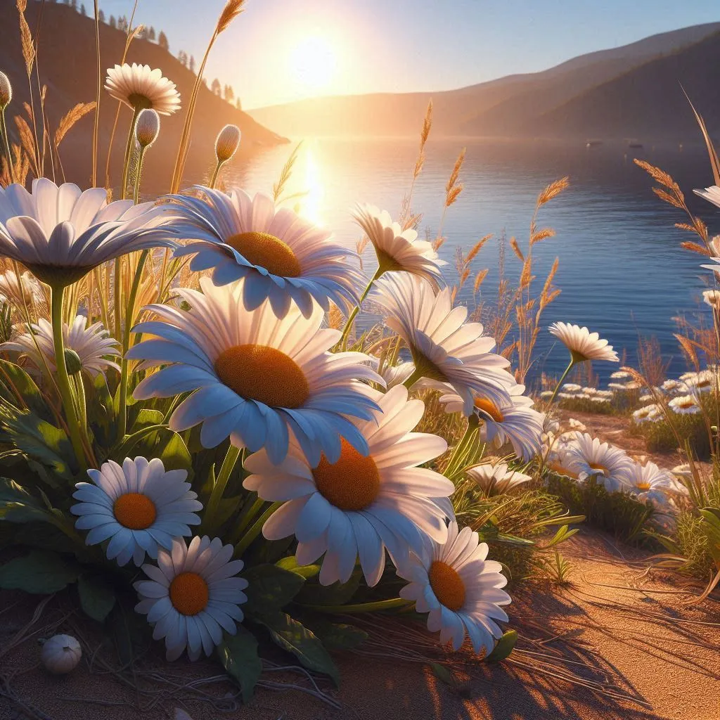 a painting of a field of daisies with the sun in the background Only movement from the wind