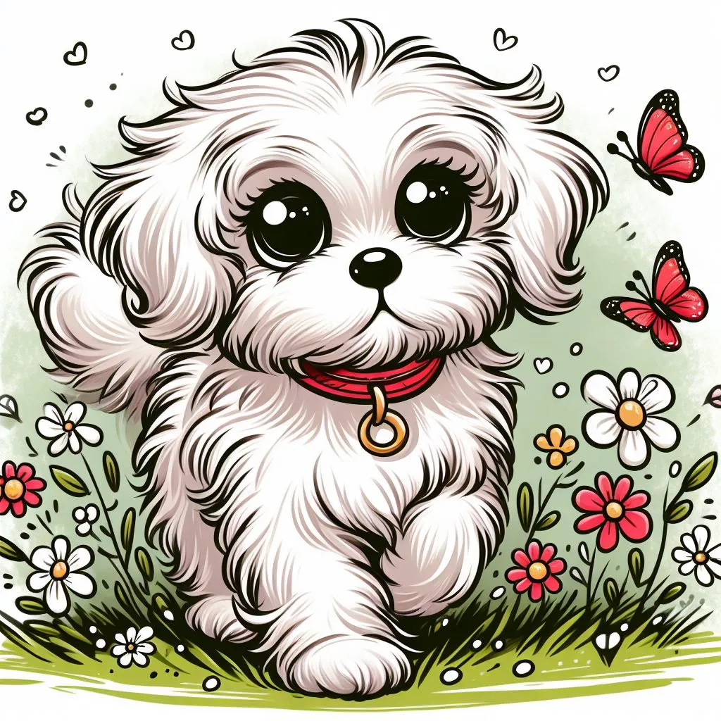 a small white dog sitting in a field of flowers