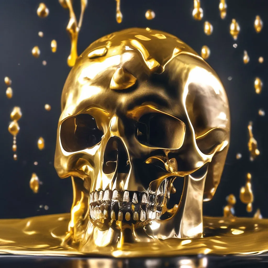 a gold skull with water splashing around it