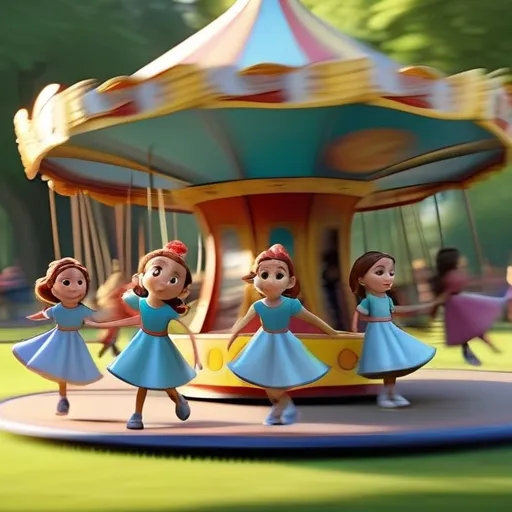 a group of little girls riding on top of a carousel