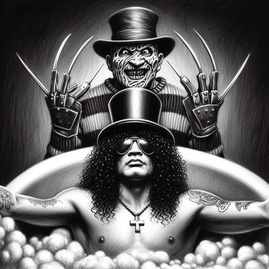 a black and white drawing of a man with a top hat Freddy Crugger con Slash 