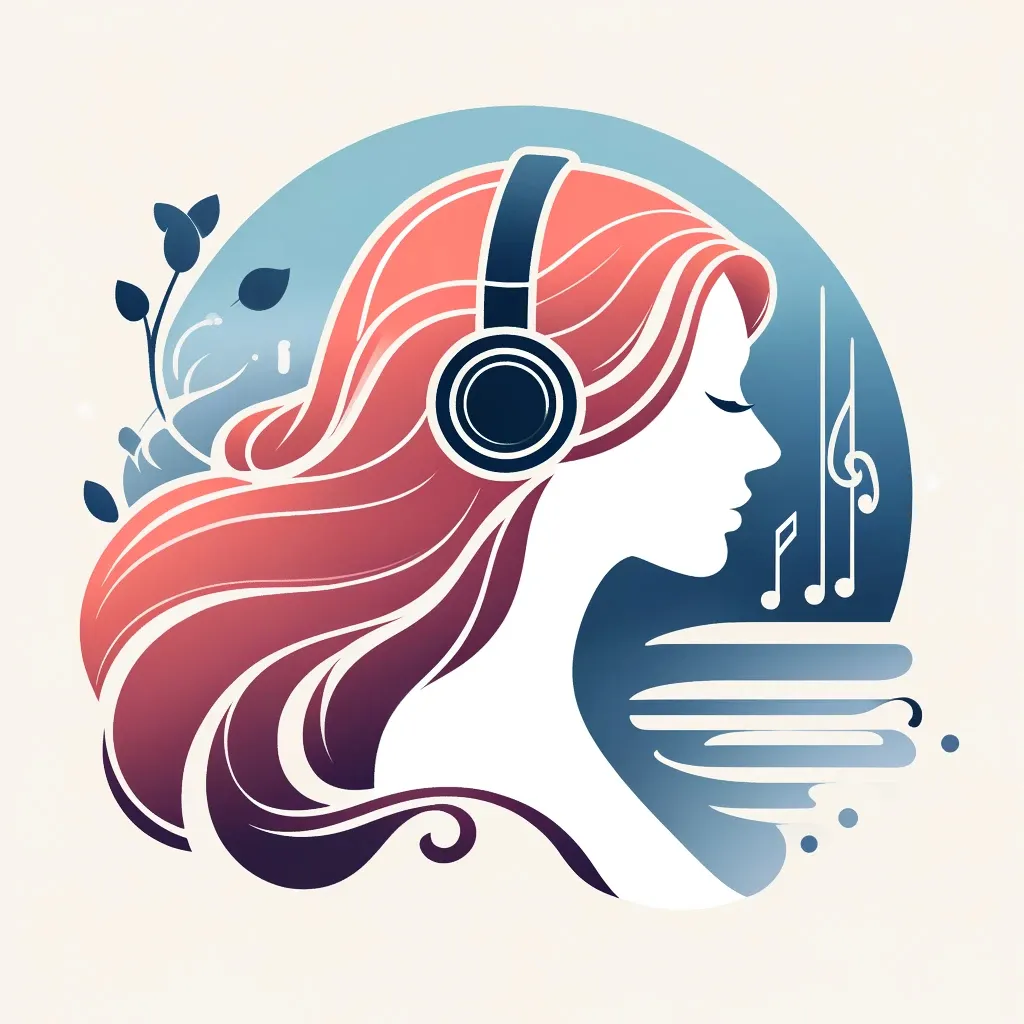 a woman with headphones and music notes