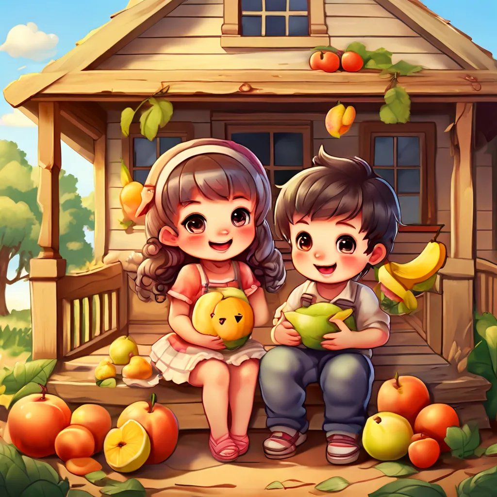 a boy and a girl sitting on a porch in front of a house