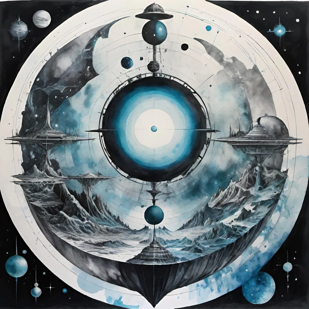 a painting of a space station surrounded by planets