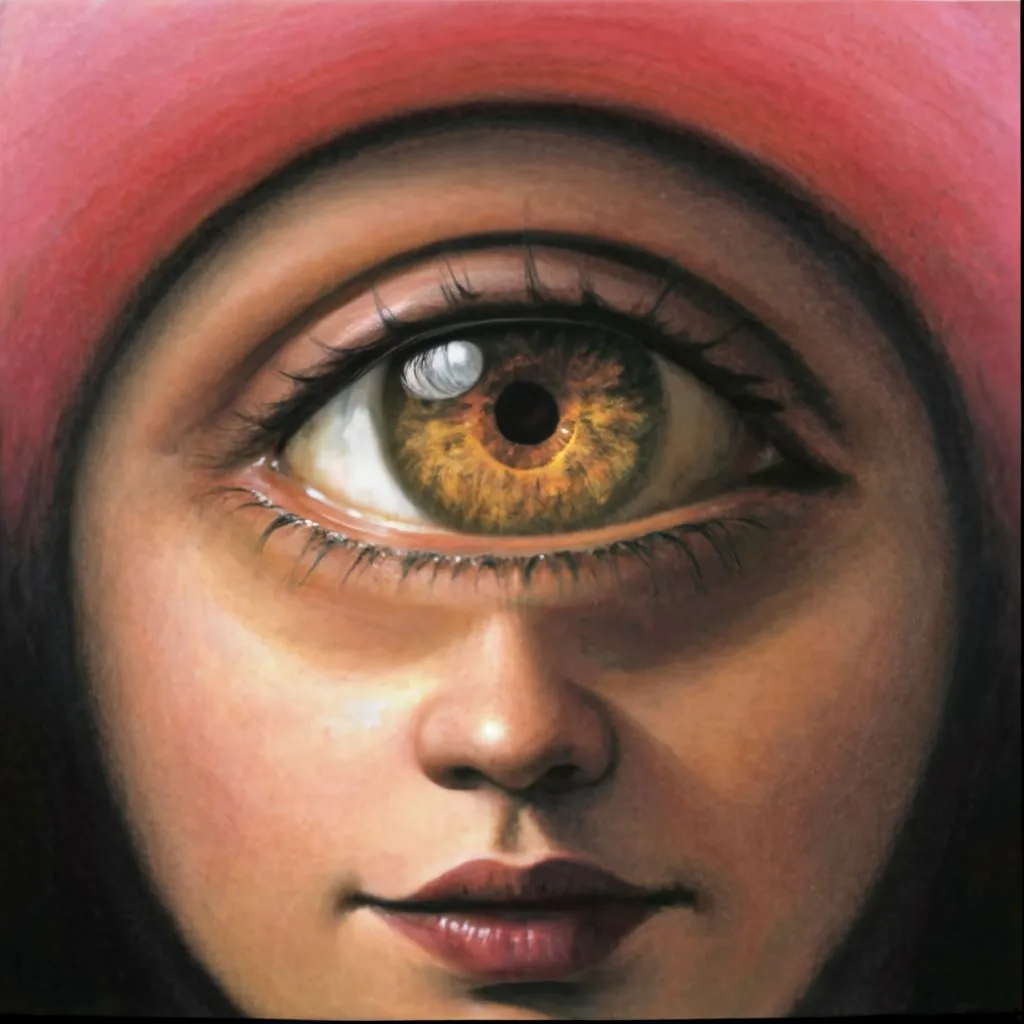 a painting of a woman's face with a yellow eye