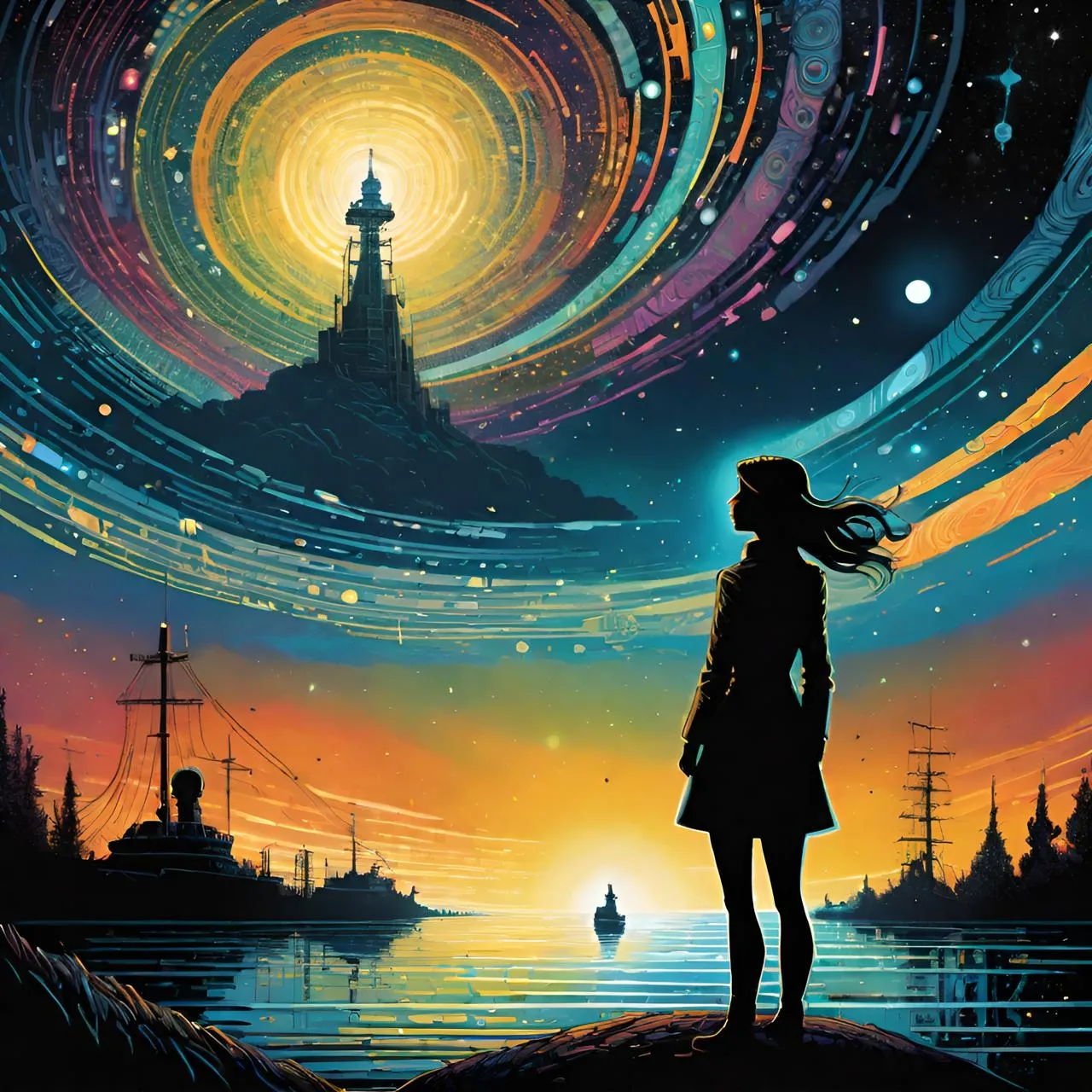 a painting of a girl looking at a lighthouse