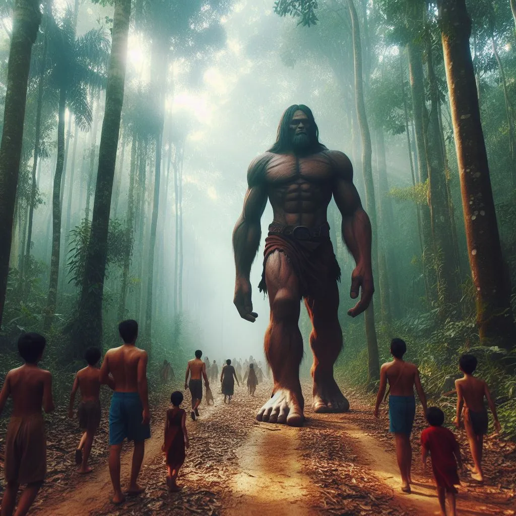 a giant man standing in the middle of a forest