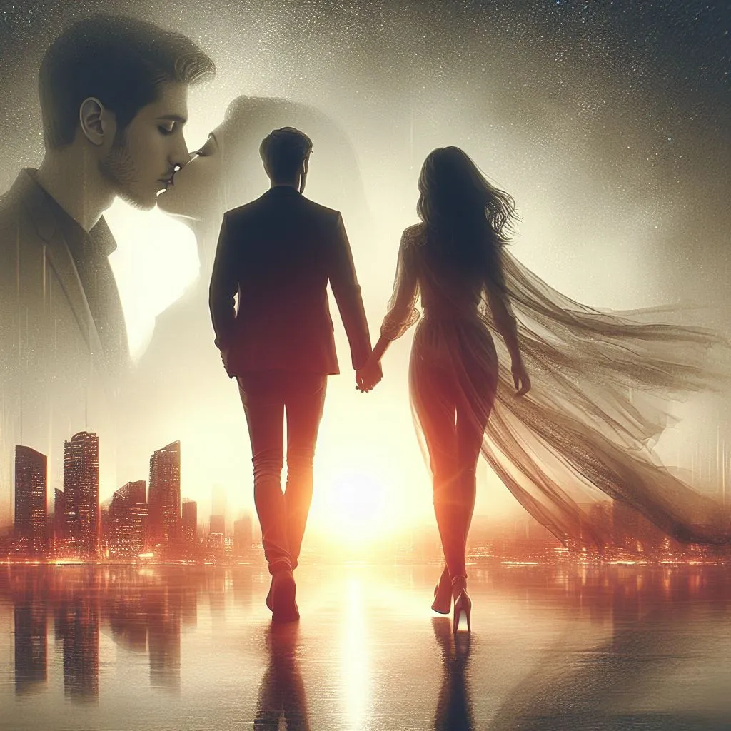 The man and woman in love walking away hand in hand, with the background showing a fading image of their kiss, signifying it being a cherished memory