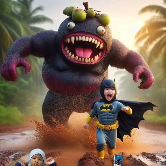 a little batman running away from giant fruit-monster