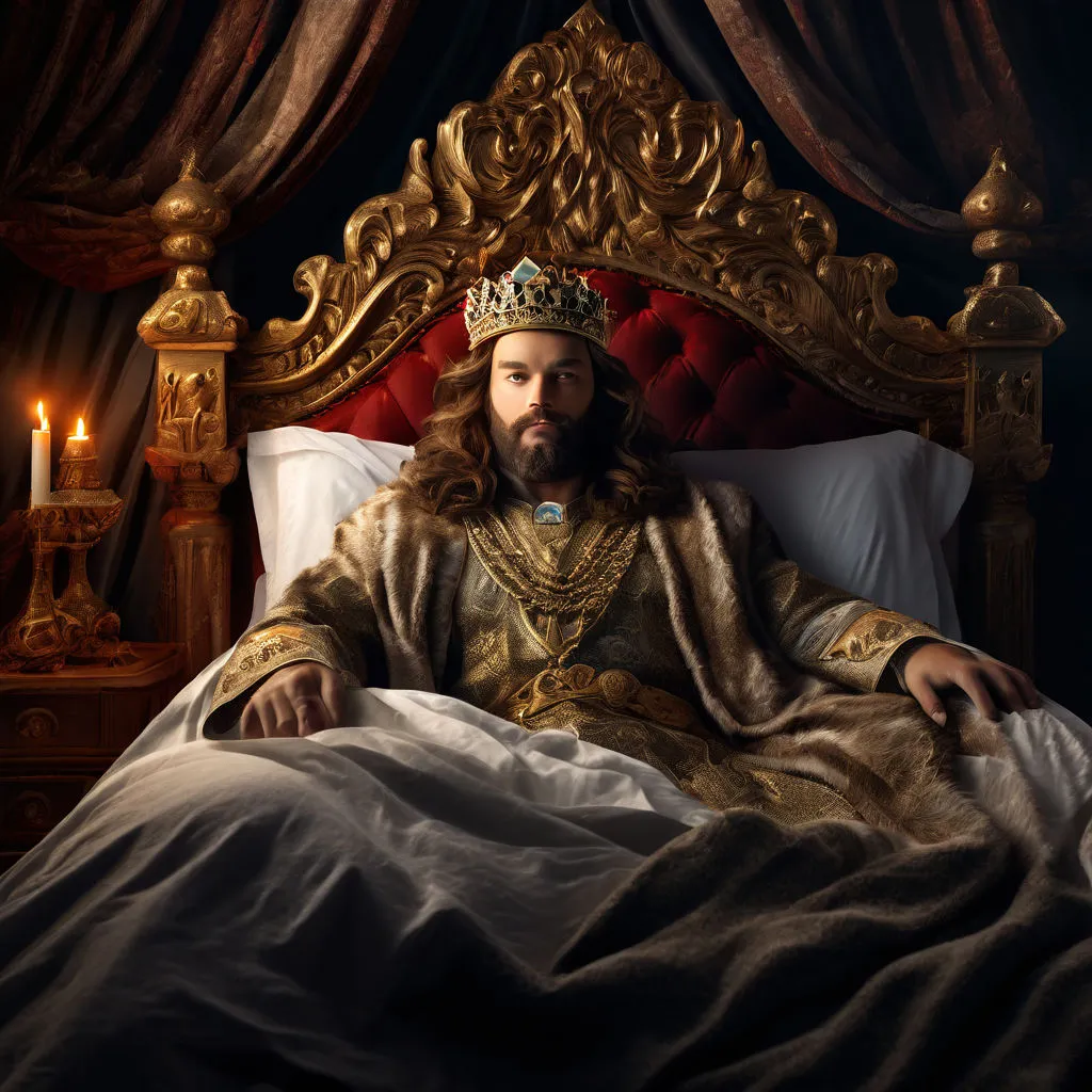 a man with a crown sitting on a bed