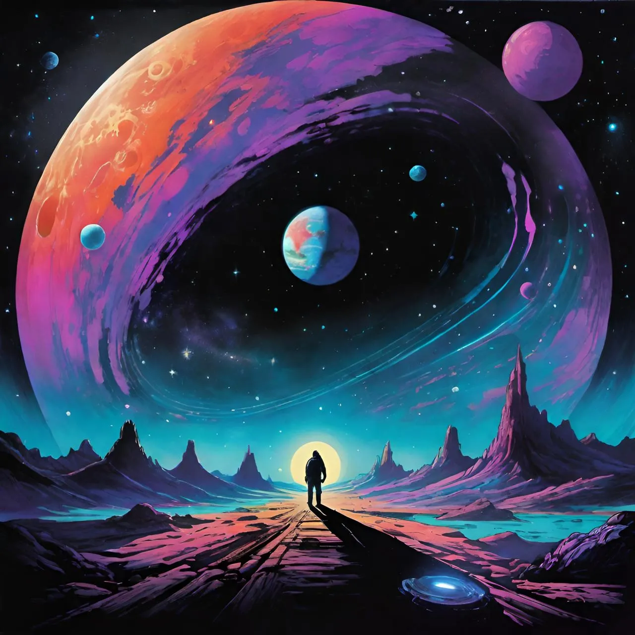 a painting of a person standing in front of a planet