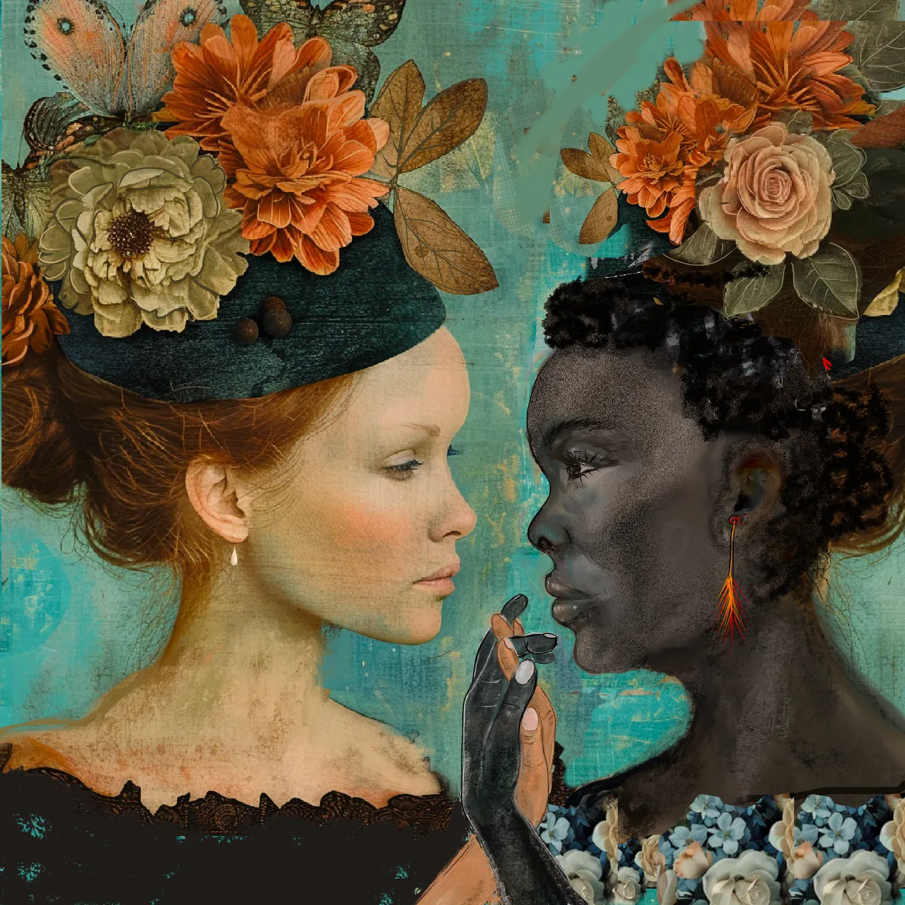 a painting of two women with flowers on their heads, touching theier hands