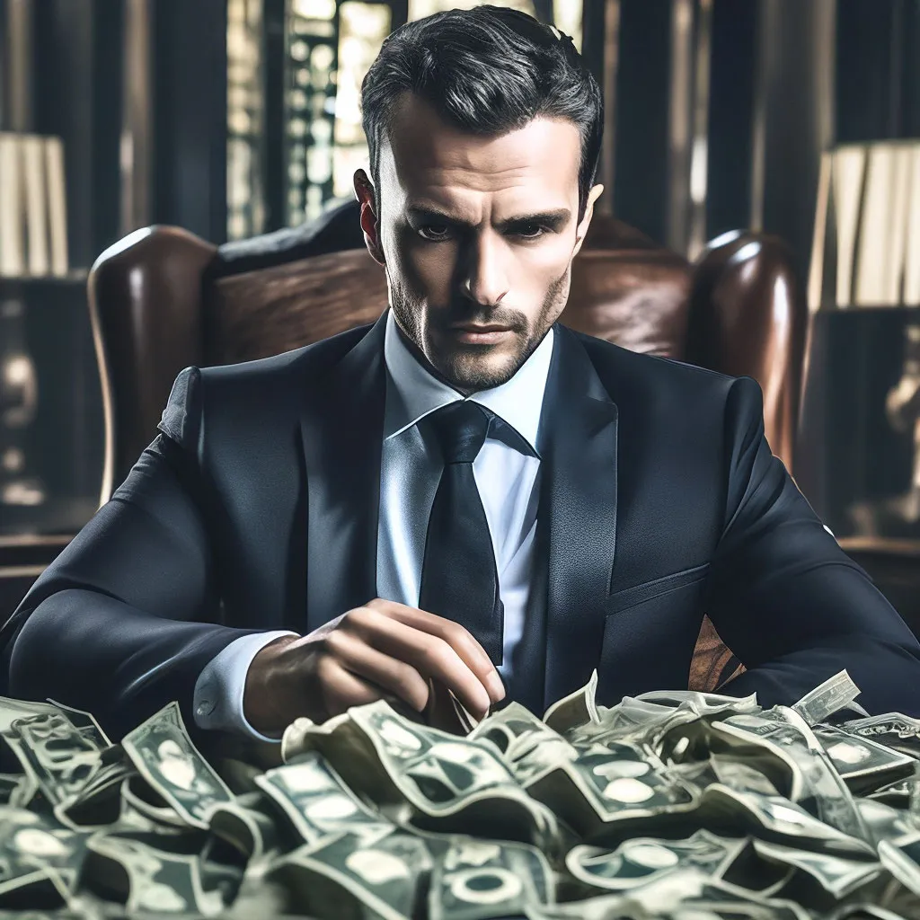 a man in a suit sitting at a table full of money