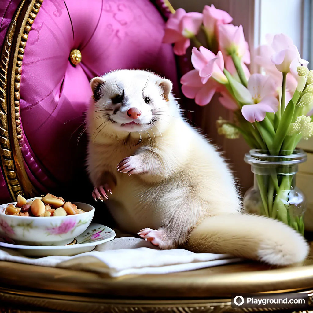 a ferret standing on its hind legs next to a bowl of nuts