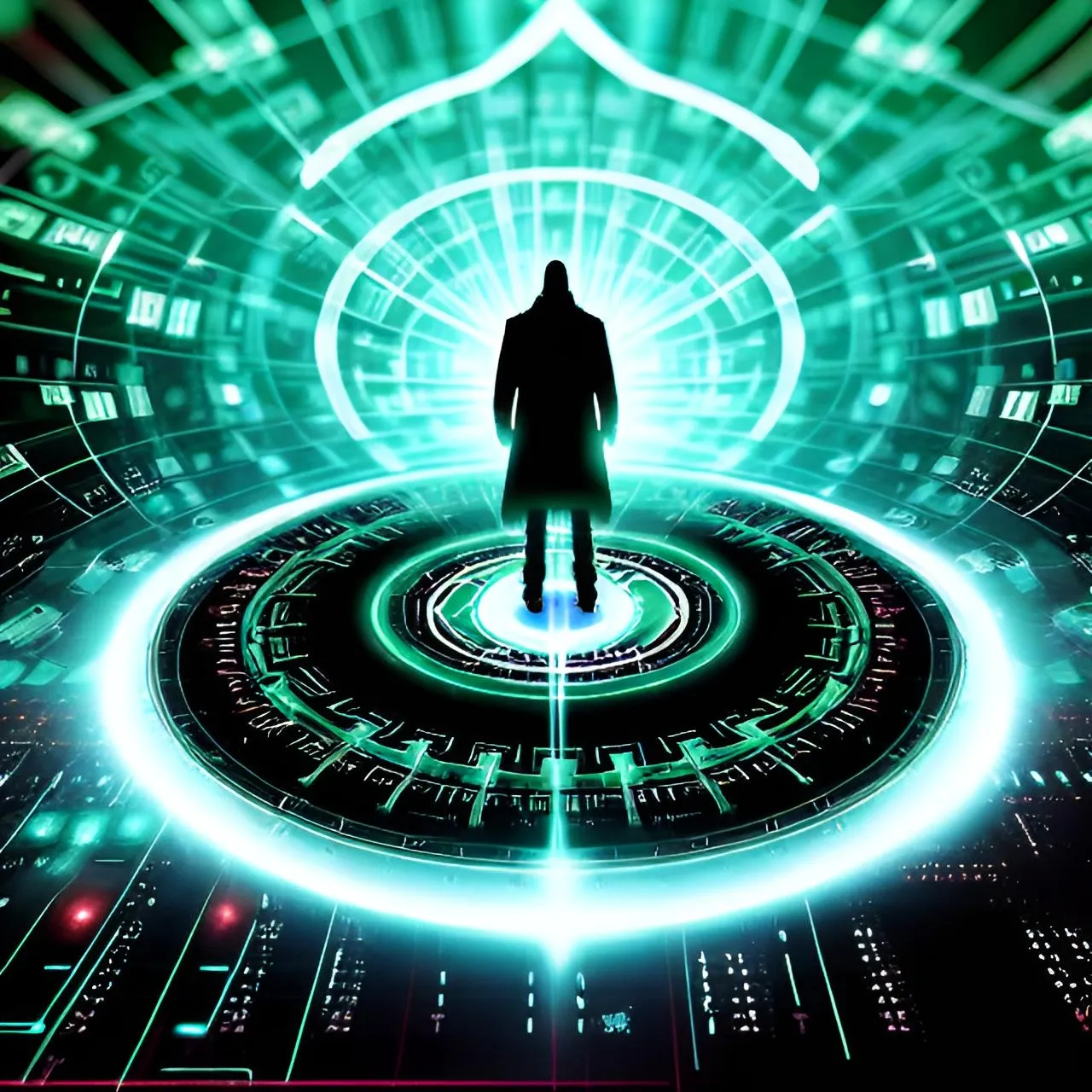 a man standing in front of a futuristic background