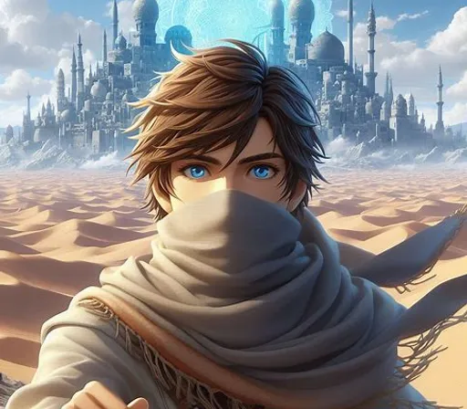 a man with a scarf around his neck in a desert