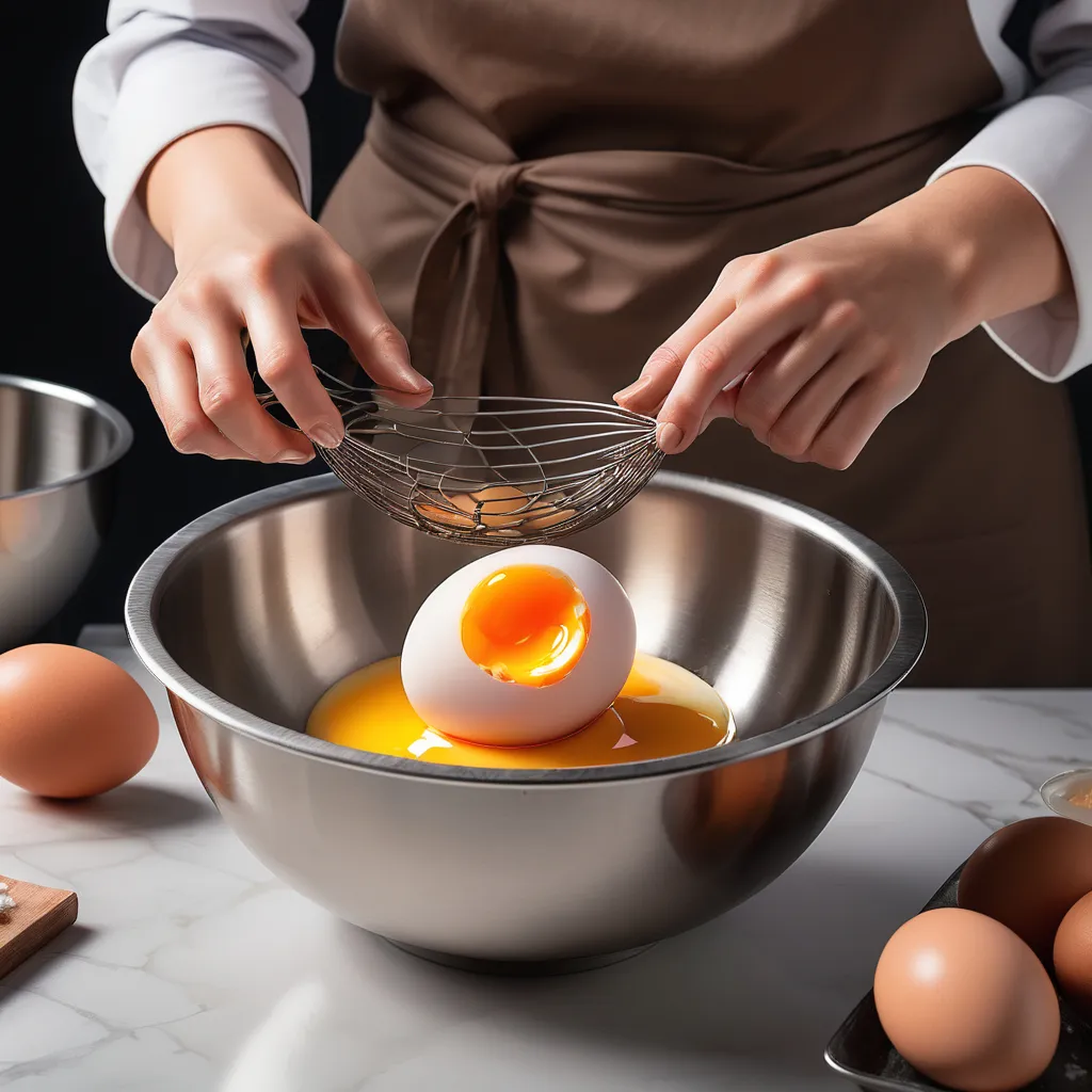 a woman in an apron mixing eggs in a bowl