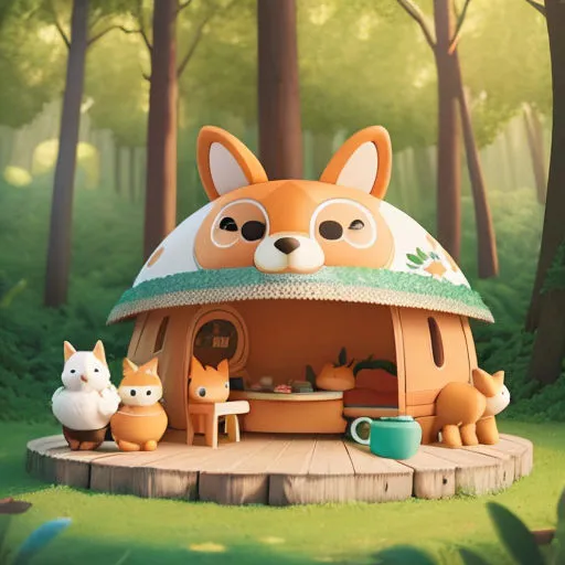 a cartoon picture of a fox and two cats in a forest